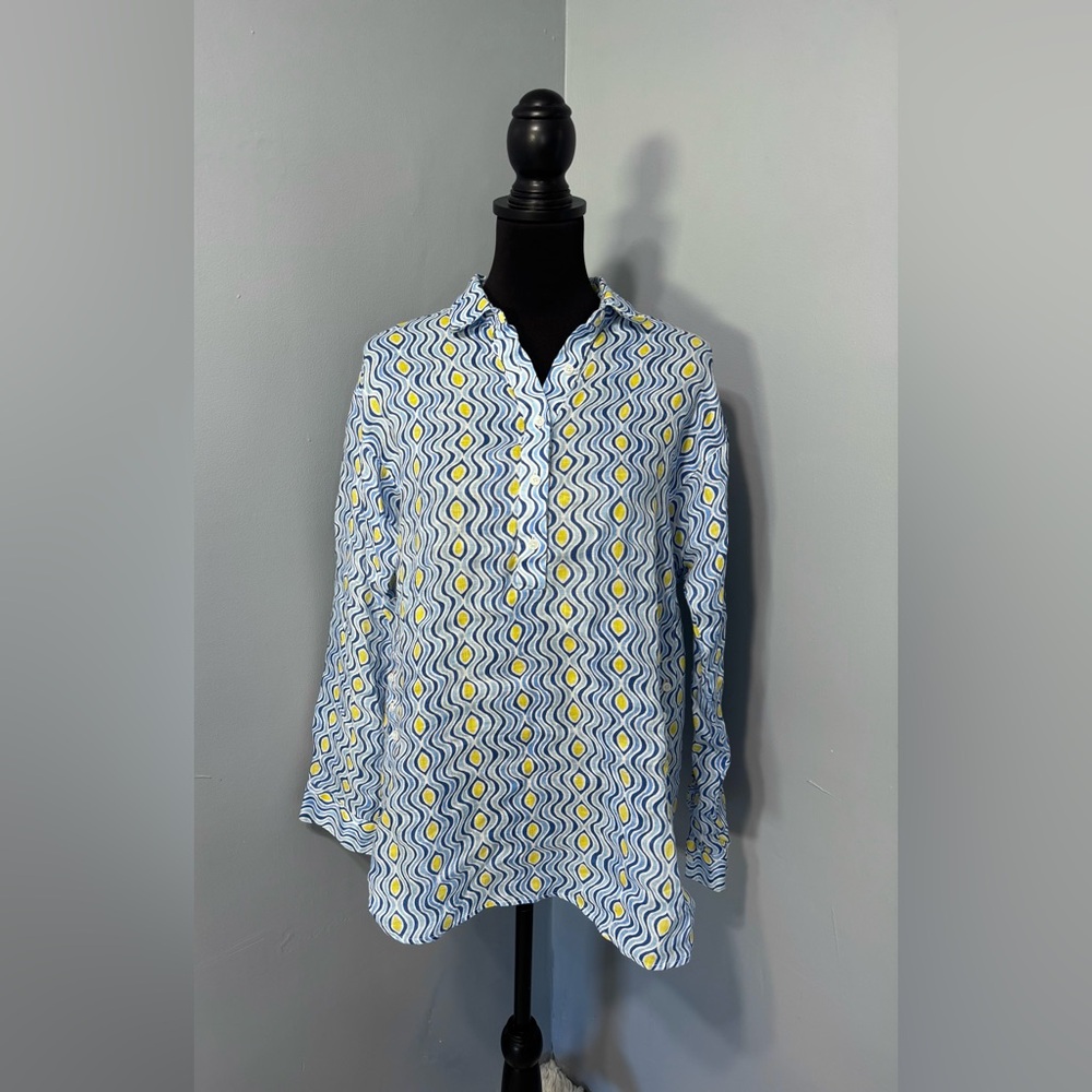 J. McLaughlin Fallon Tunic Blouse Blue Costa Key Print 100% Linen Women’s Size M